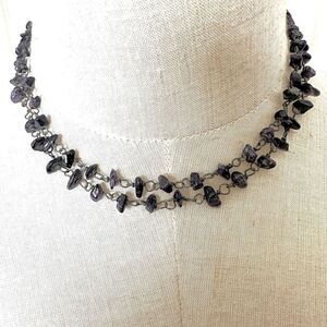 long amethyst chip silver tone necklace